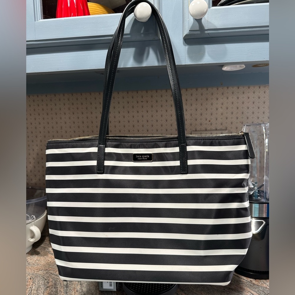 KATE SPADE Black and White Striped Tote Bag